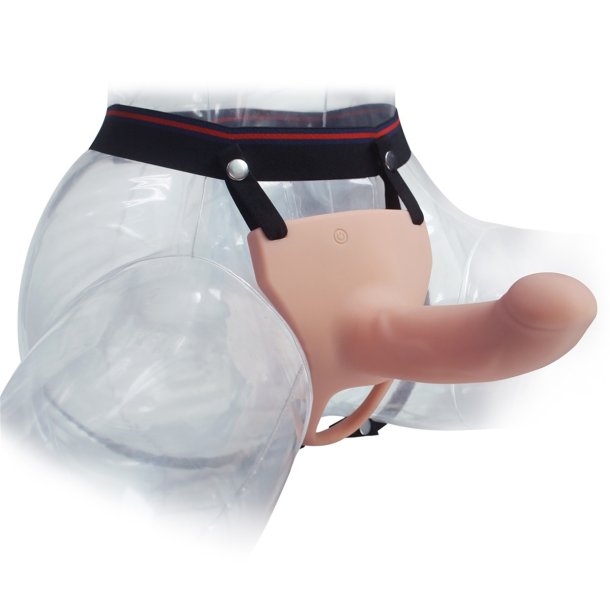 Strap-on s�t m. vibrerende hul dildo 17cm