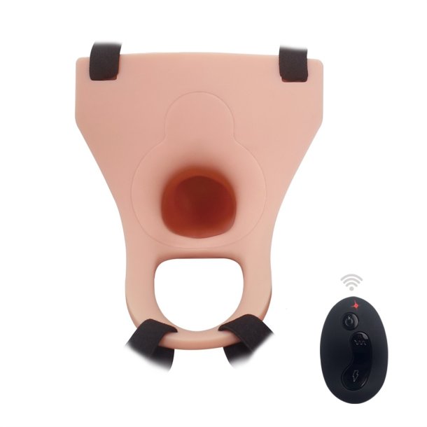 Strap-on s�t m. vibrerende hul dildo 17cm