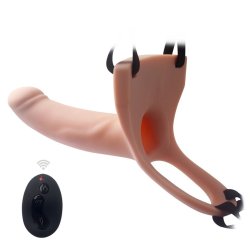 Strap-on s�t m. vibrerende hul dildo 17cm