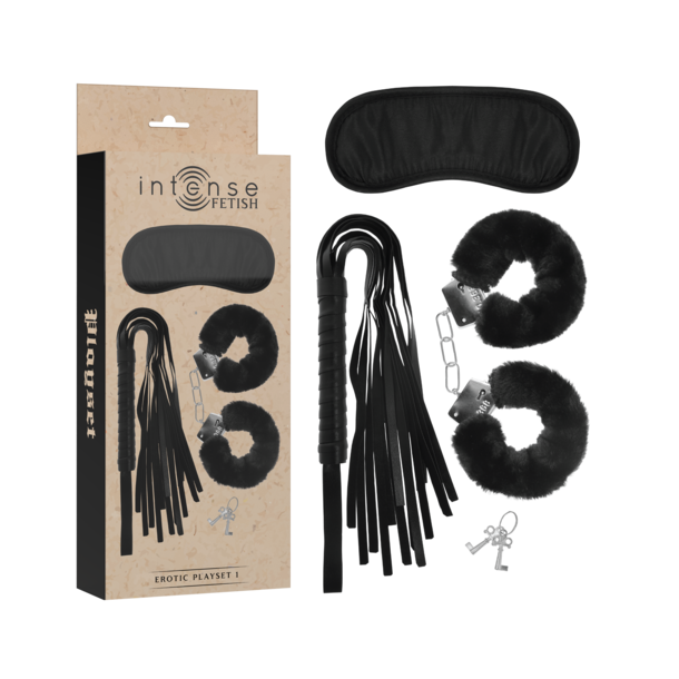 INTENSE - FETISH EROTIC PLAYSET 1 WITH HANDCUFFS, BLIND MASK AND FLOGGER