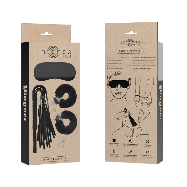 INTENSE - FETISH EROTIC PLAYSET 1 WITH HANDCUFFS, BLIND MASK AND FLOGGER