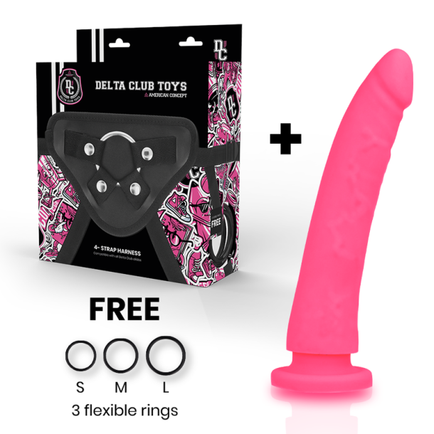 Delta Club toys harness + dong pink silikone 20 x 4cm